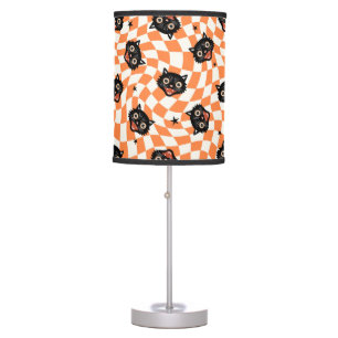 Retro Black Cat Orange Check Pattern Table Lamp