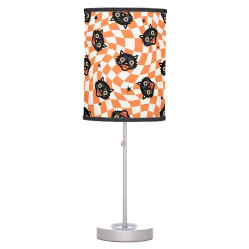 Retro Black Cat Orange Check Pattern Table Lamp