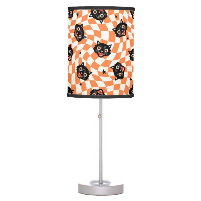 Retro Black Cat Orange Check Pattern Table Lamp (Front)