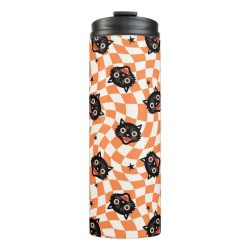 Retro Black Cat Orange Check Pattern Thermal Tumbler