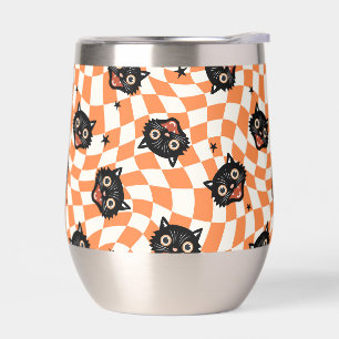 Retro Black Cat Orange Check Pattern Thermal Wine Tumbler
