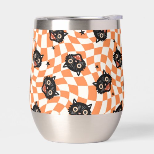 Retro Black Cat Orange Check Pattern Thermal Wine Tumbler