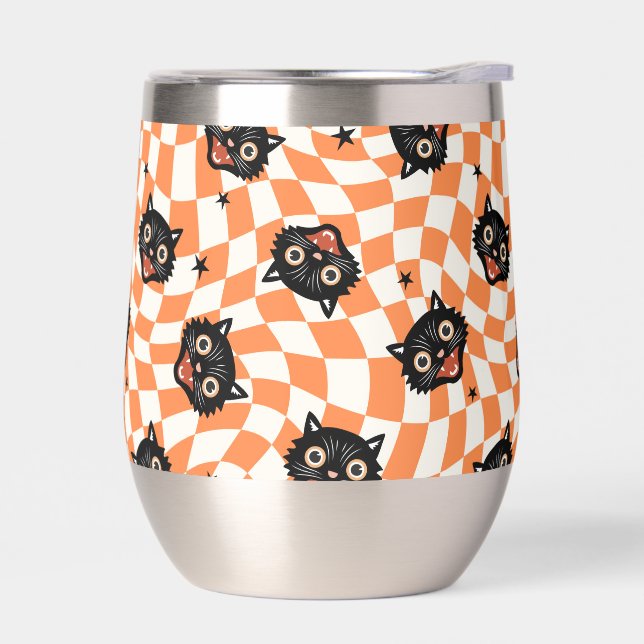 Retro Black Cat Orange Check Pattern Thermal Wine Tumbler (Left)