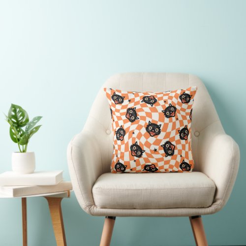 Retro Black Cat Orange Check Pattern Throw Pillow