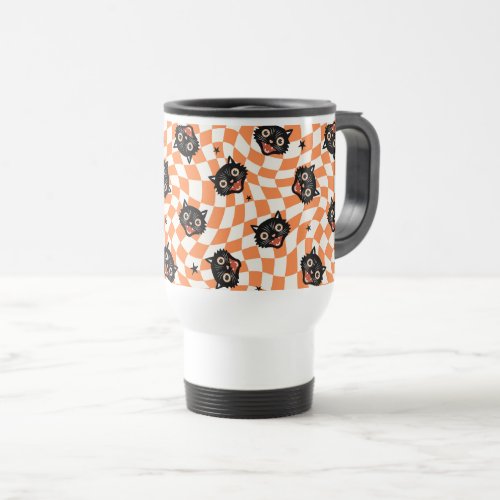 Retro Black Cat Orange Check Pattern Travel Mug