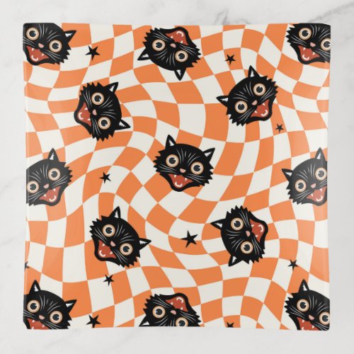 Retro Black Cat Orange Check Pattern Trinket Tray