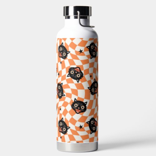 Retro Black Cat Orange Check Pattern Water Bottle