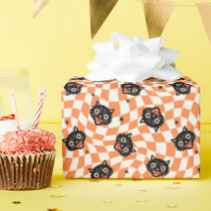 Retro Black Cat Orange Check Pattern Wrapping Paper