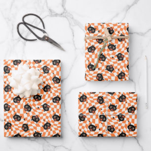 Retro Black Cat Orange Check Pattern Wrapping Paper Sheets