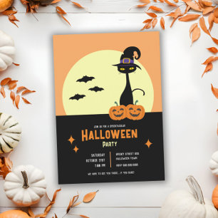 Retro Black Cat Personalized Halloween Party Invitation