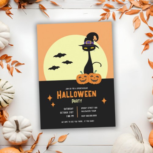 Retro Black Cat Personalized Halloween Party Invitation