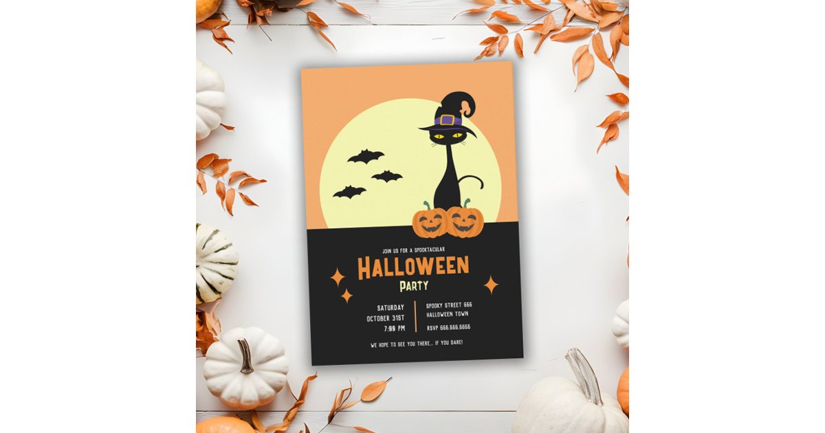 Retro Black Cat Personalized Halloween Party Invitation | Zazzle