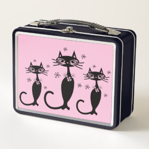 RETRO BLACK CAT PINK METAL LUNCHBOXES