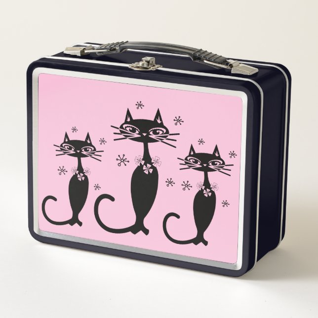 RETRO BLACK CAT PINK METAL LUNCHBOXES (Front)