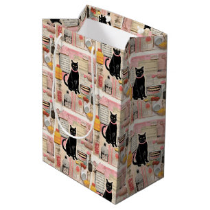 Retro Black Cat Pink necklace Collage Medium Gift Bag