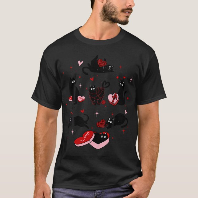 Retro Black Cat Playing Heart Valentines Day Cat K T-Shirt (Front)