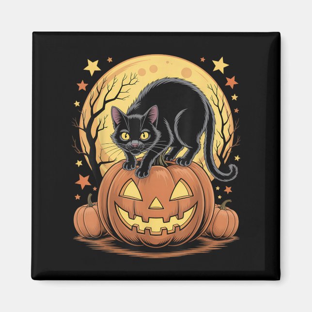Retro Black Cat Pumpkin Funny Halloween  Magnet (Front)