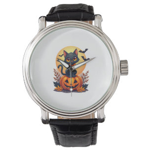 Retro Black Cat Pumpkin Halloween Costume Fall Aut Watch