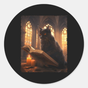 Retro Black Cat Reading Book Vintage Halloween Boo Classic Round Sticker