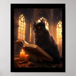 Retro Black Cat Reading Book Vintage Halloween Boo Poster