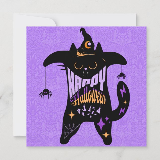 Retro Black Cat Witch Funny Halloween Card (Front)