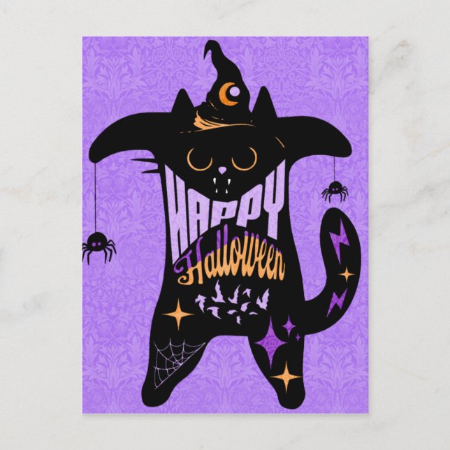 Retro Black Cat Witch Funny Halloween  Postcard (Front)