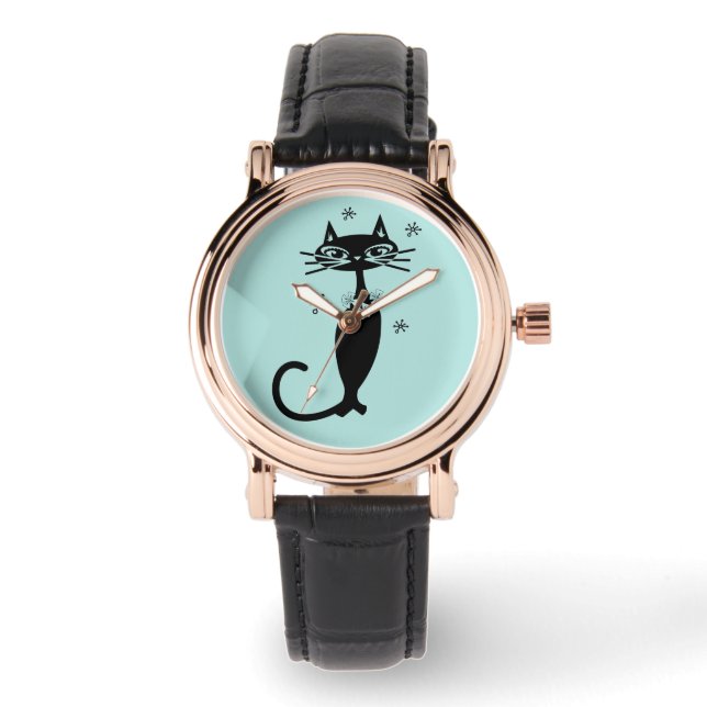 RETRO BLACK CAT WOMENS BLUE WRIST WATCH (Front)