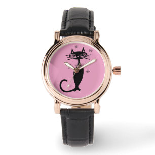 RETRO BLACK CAT WOMENS PIMK WRIST WATCH