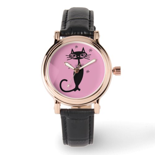 RETRO BLACK CAT WOMENS PIMK WRIST WATCH