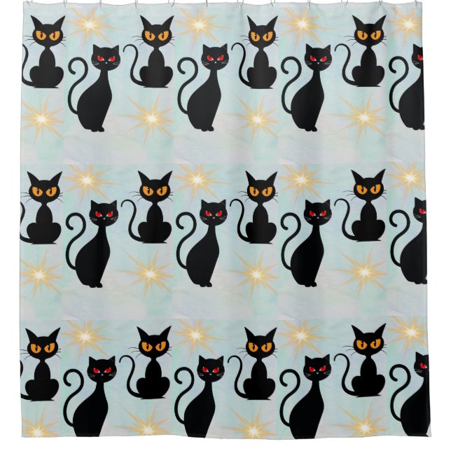  Retro Black Cats, 1950s Starburst Shower Curtain (Front)