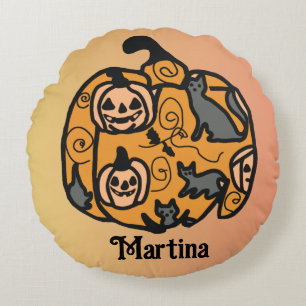 Retro Black Cats and Pumpkin Dreams Round Pillow