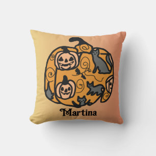 Retro Black Cats and Pumpkin Dreams Throw Pillow