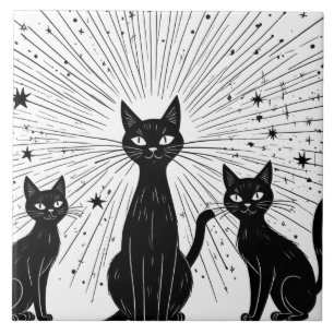 Retro Black Cats Atomic Starburst Mid Century Ceramic Tile