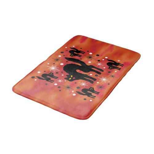 Retro Black Cats Fantasy with Starbursts on Orange Bathroom Mat