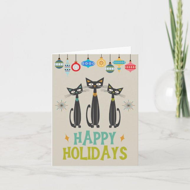 Retro Black Cats Ornaments Mid-century Christmas Holiday Card (Front)