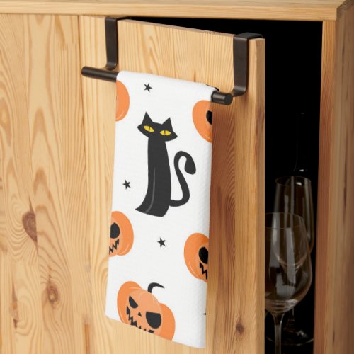 Retro Black Cats  Pumpkins Kitchen Towel