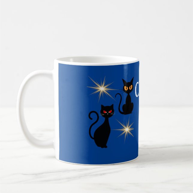 Retro black cats with starburst - editable text coffee mug (Left)