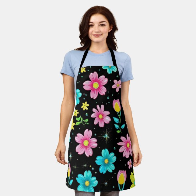 Retro Black colorful Flowers Pattern Birthday part Apron (Worn)