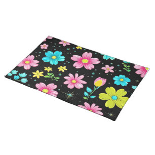Retro Black colorful Flowers Pattern Birthday part Cloth Placemat