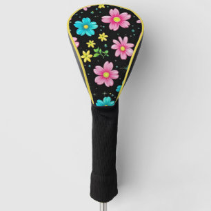 Retro Black colorful Flowers Pattern Birthday part Golf Head Cover