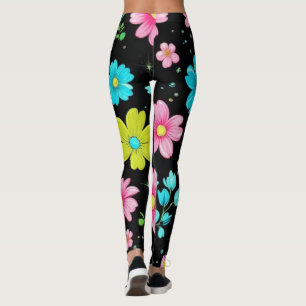 Retro Black colorful Flowers Pattern Birthday part Leggings