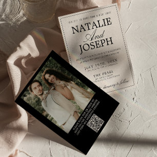 Retro Black Cream Old Money Photo QR Code Wedding Invitation