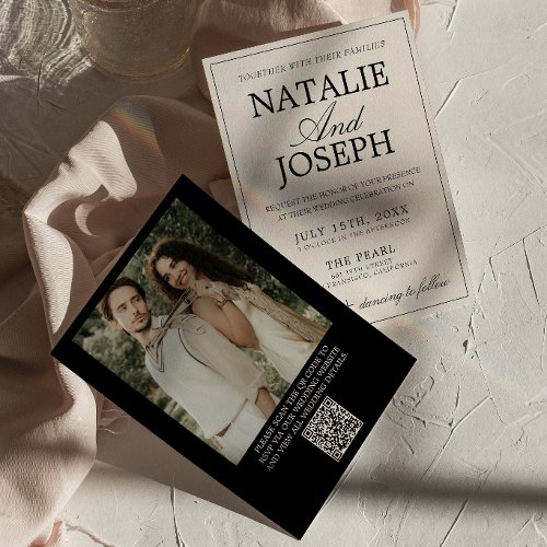 Retro Black Cream Old Money Photo QR Code Wedding Invitation