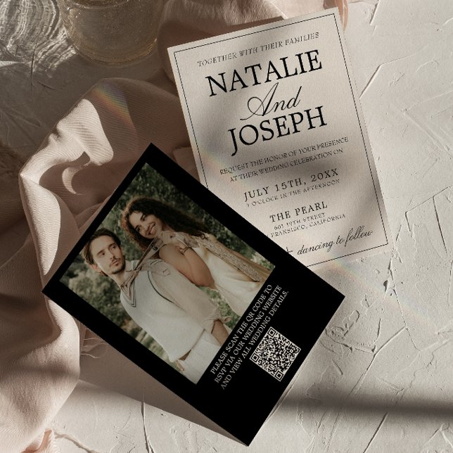 Retro Black Cream Old Money Photo QR Code Wedding Invitation (Creator Uploaded)