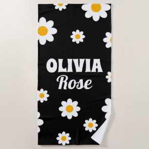 Retro Black Daisy 70's Hippie Custom Name Beach Towel