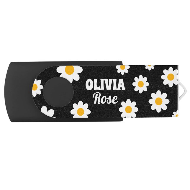 Retro Black Daisy 70's Hippie Custom Name Flash Drive (Front)