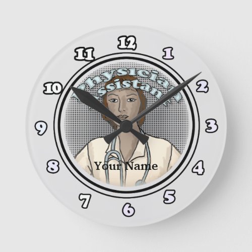 Retro Black Female Physician Assistant custom name Round Clock