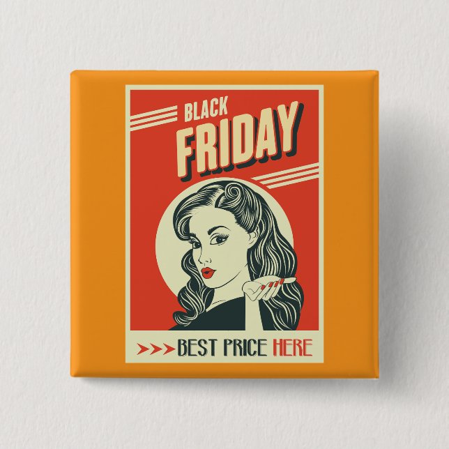 Retro Black Friday Pop Art Pin-Up Girl Button (Front)
