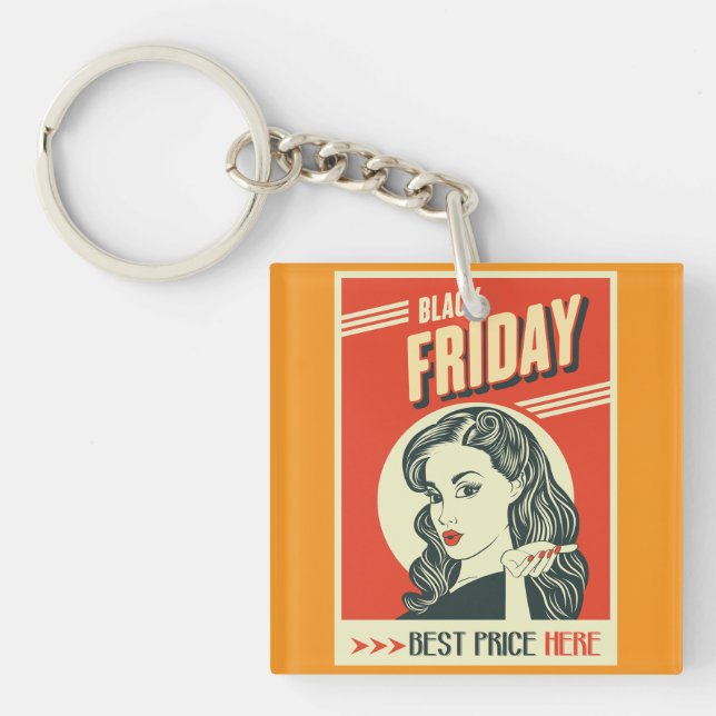 Retro Black Friday Pop Art Pin-Up Girl Keychain (Front)
