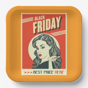 Retro Black Friday Pop Art Pin-Up Girl Paper Plates